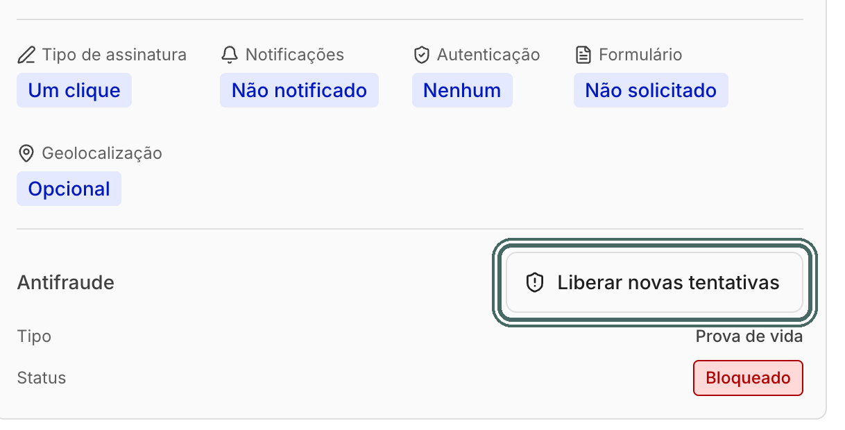 No painel da operação, o participante aparece com status Bloqueado e o botão Liberar novas tentativas.