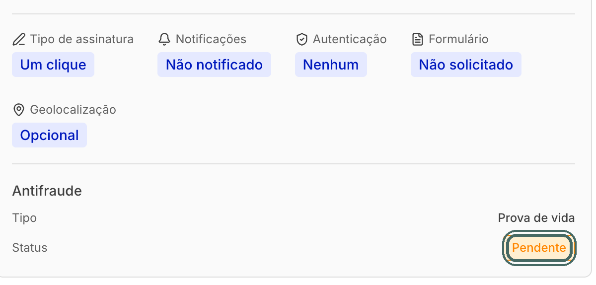 Depois da liberação, o status do antifraude volta para Pendente e o assinante pode tentar de novo pelo mesmo link.