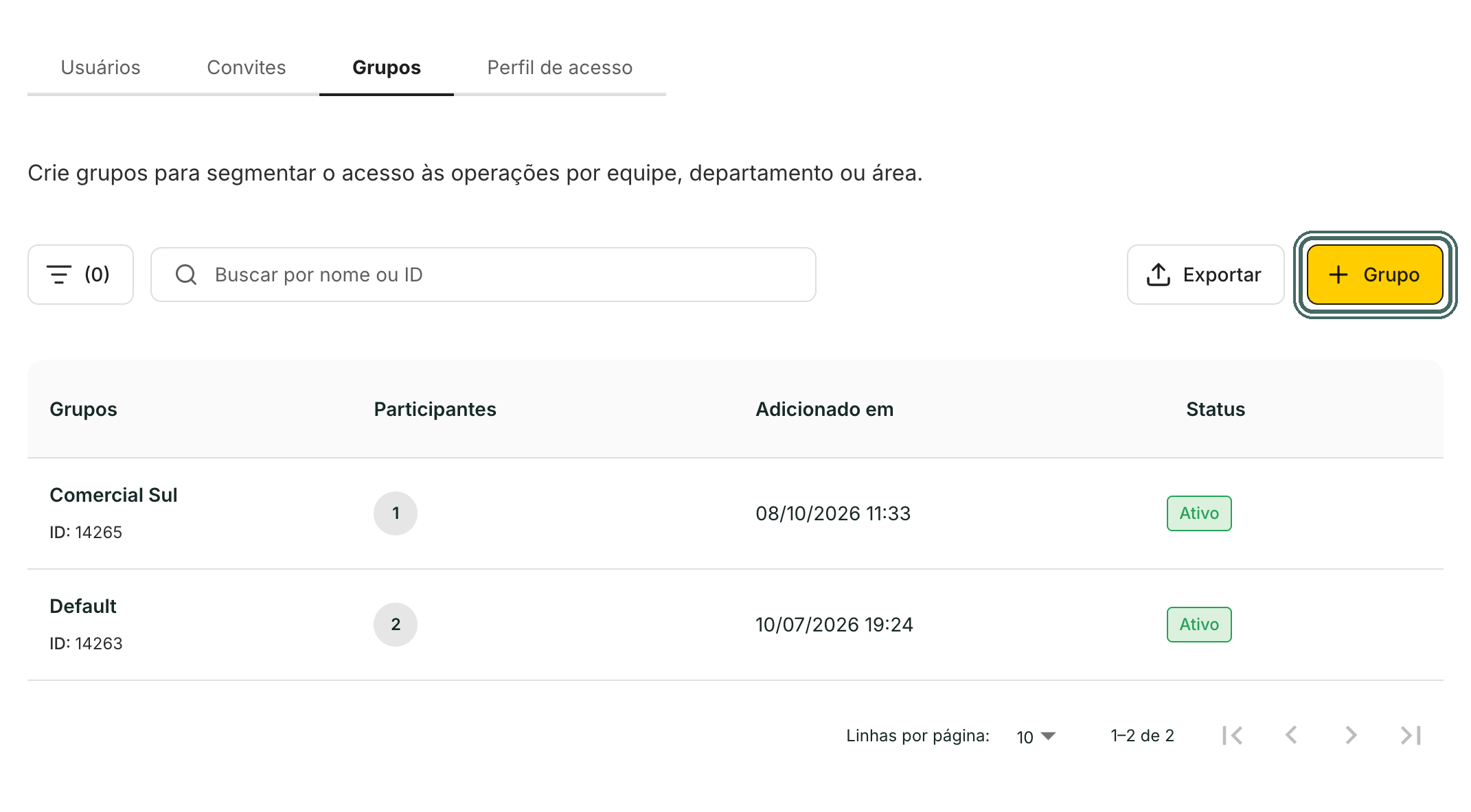 O botão + Grupo fica no canto direito da aba Grupos.