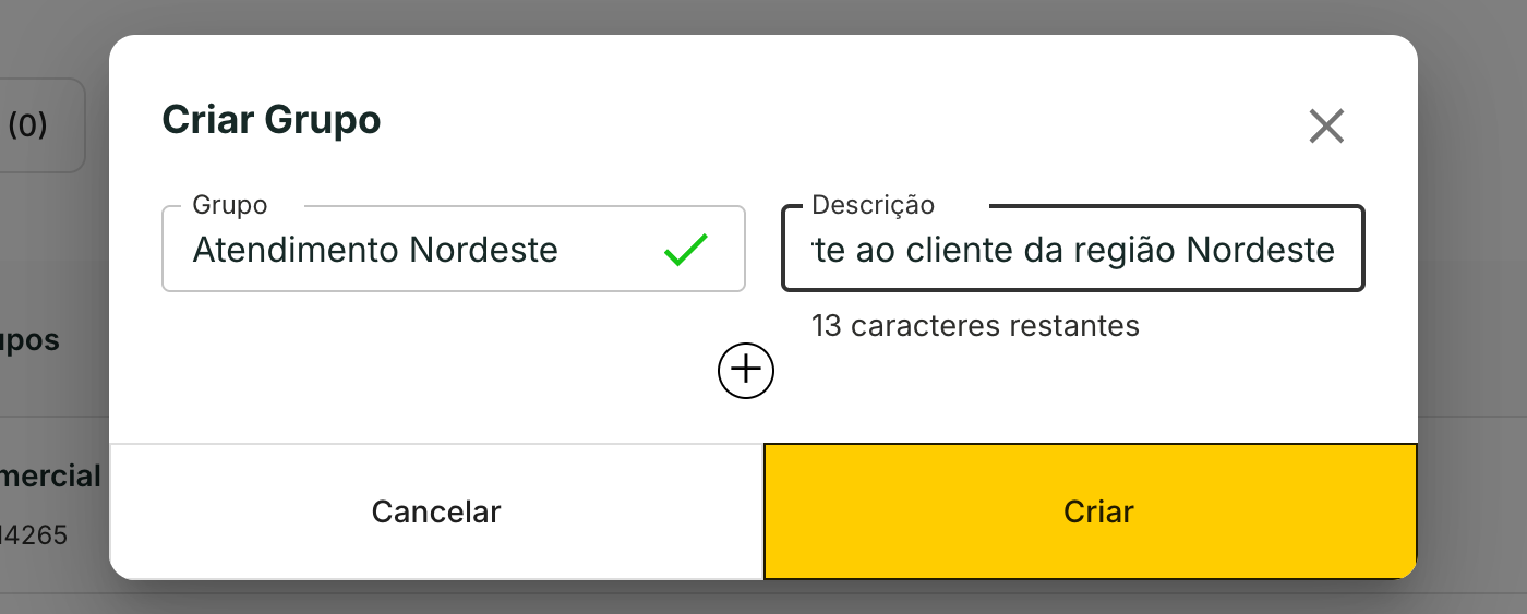O nome é obrigatório. A descrição aceita até 50 caracteres.