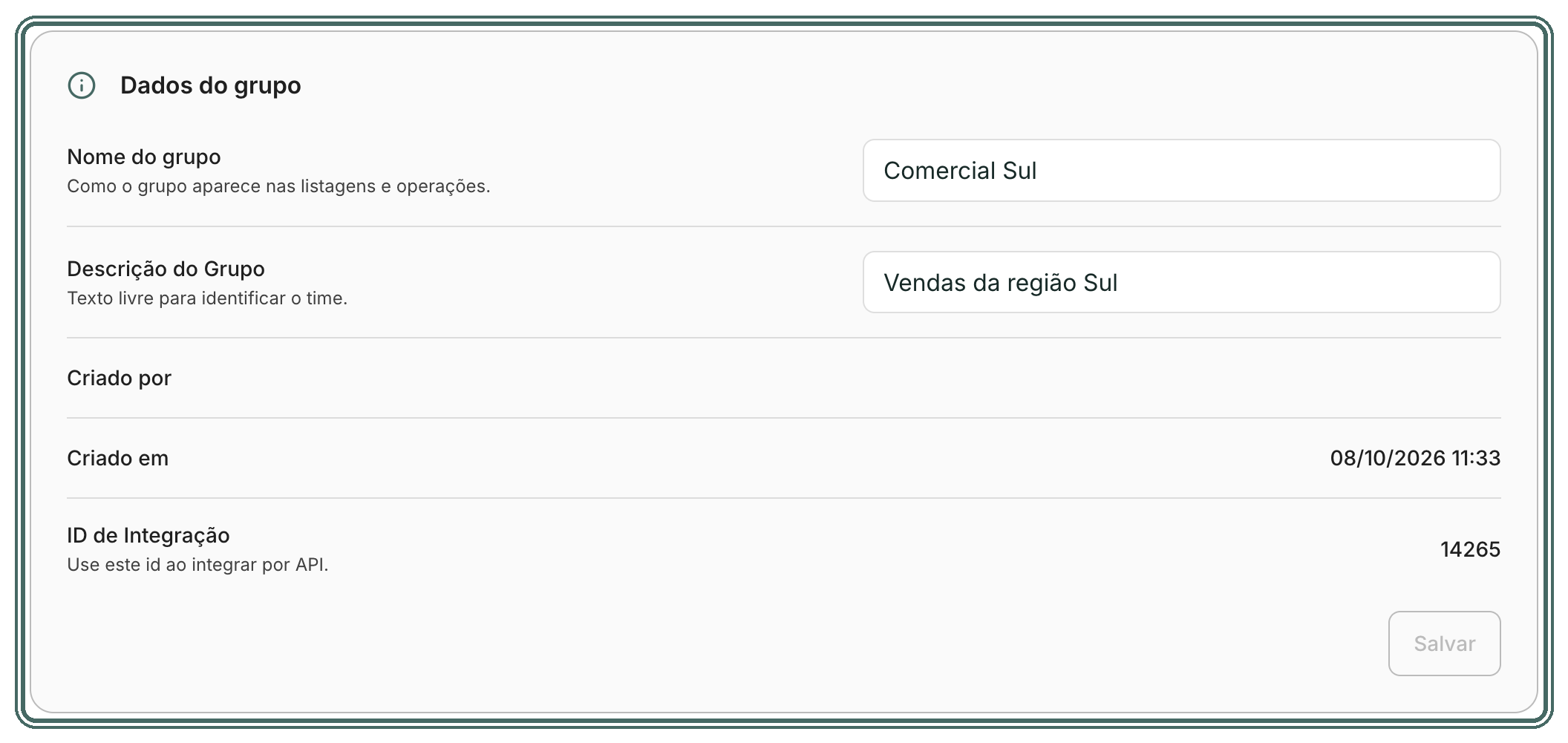 A tela do grupo mostra o nome, a descrição e o ID de Integração.