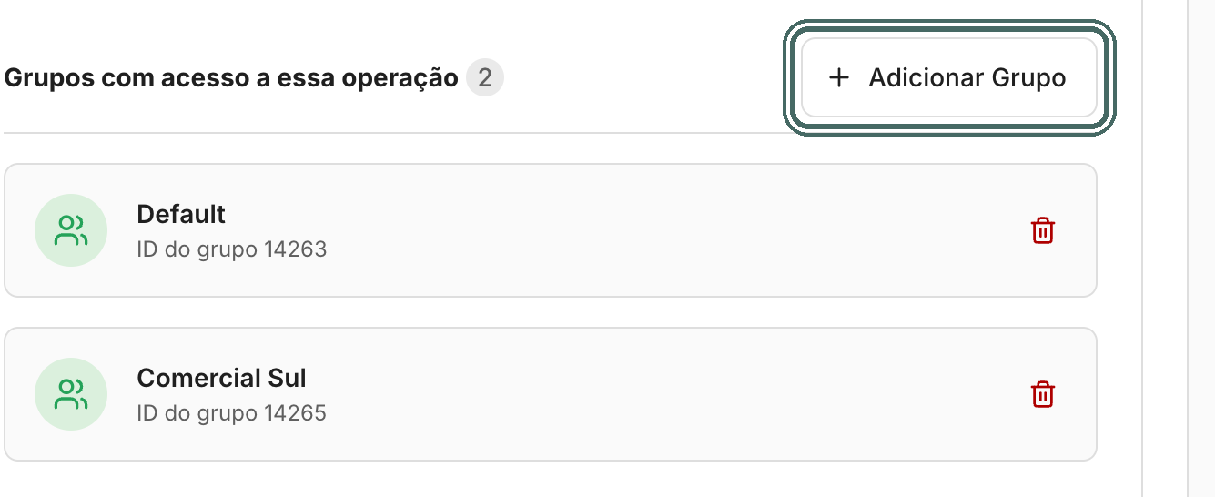 A aba Grupos da operação mostra quais grupos veem a operação.