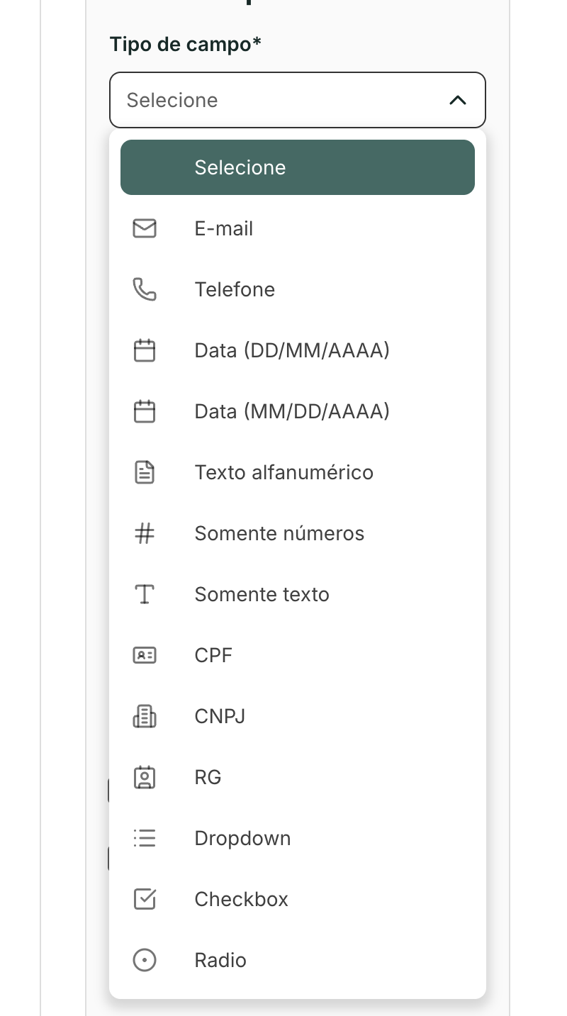 A lista Tipo de campo mostra todos os tipos de pergunta disponíveis.