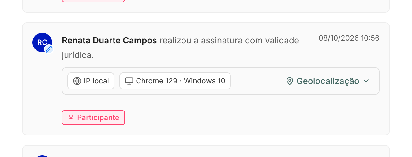 Cada evento do assinante mostra quem agiu, o horário, o IP e o dispositivo.
