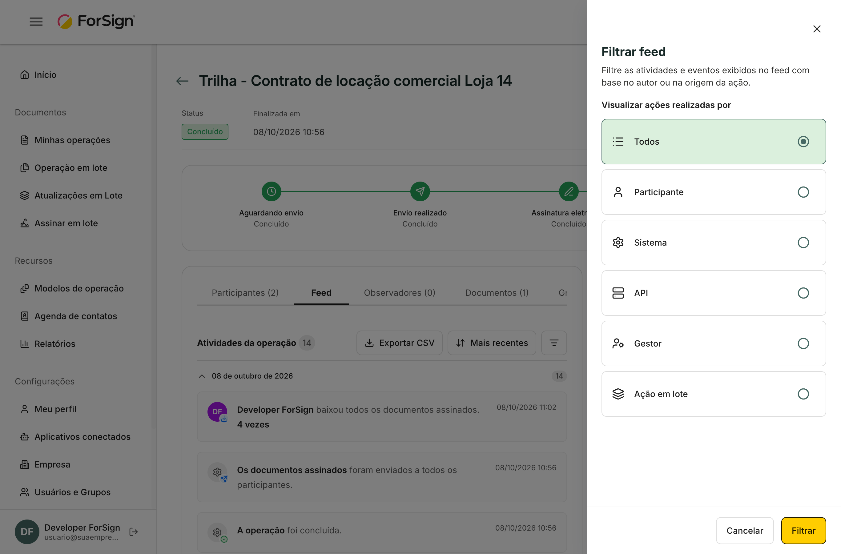 O filtro separa as ações por autor: participante, sistema, API, gestor ou ação em lote.