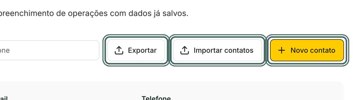 No topo ficam a busca, Exportar, Importar contatos e Novo contato.