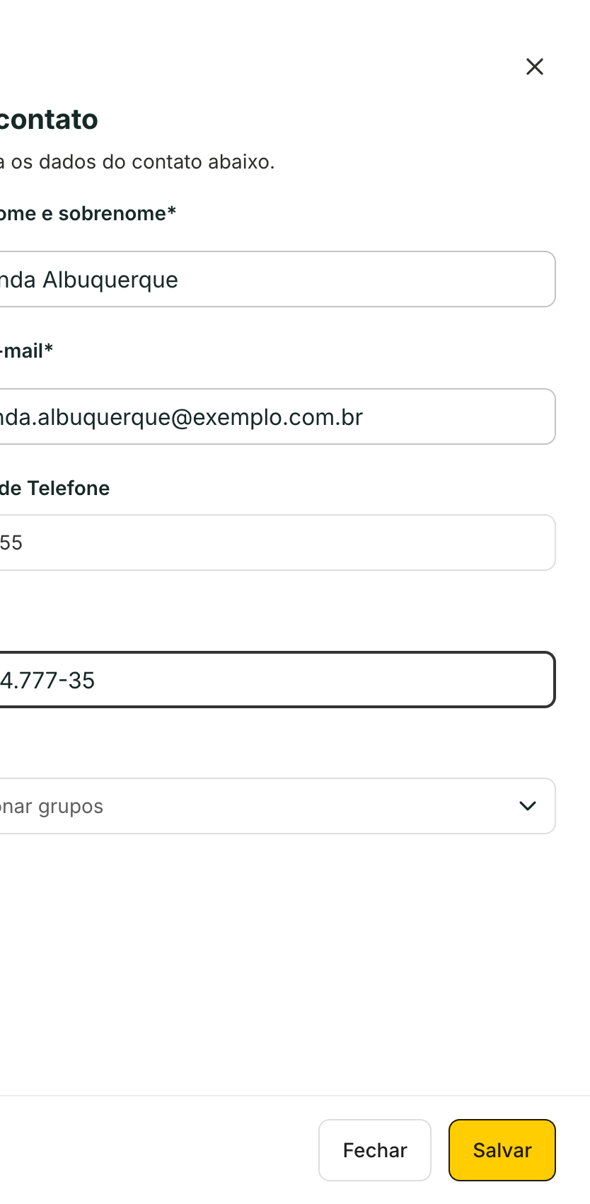 Novo contato pede nome e e-mail. Telefone e grupos são opcionais.