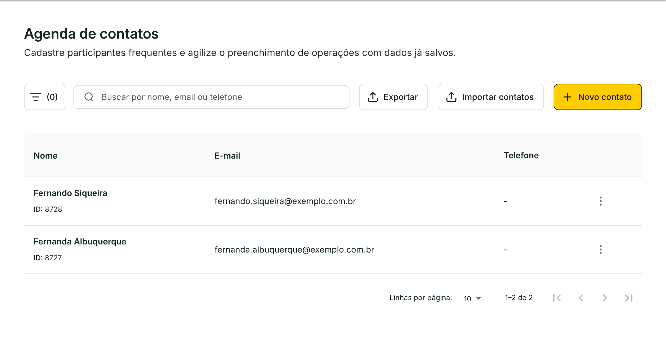 Os contatos salvos aparecem na lista, com busca por nome, e-mail ou telefone.