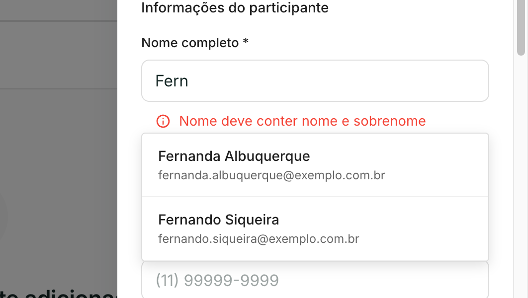 Ao digitar o nome ou o e-mail, a agenda sugere os contatos que combinam.