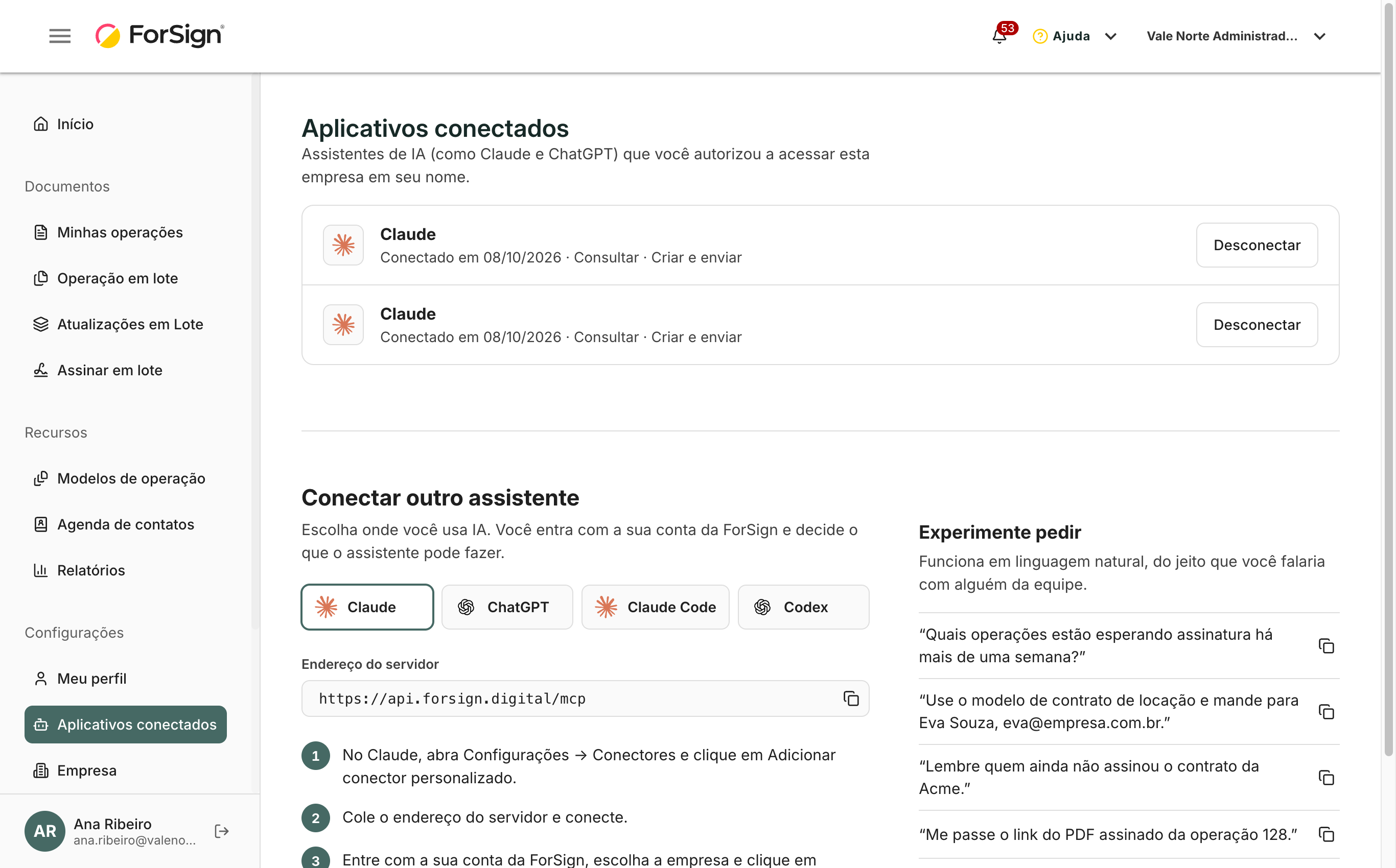Em Aplicativos conectados, a ForSign explica o que o assistente pode fazer e as três garantias da conexão.