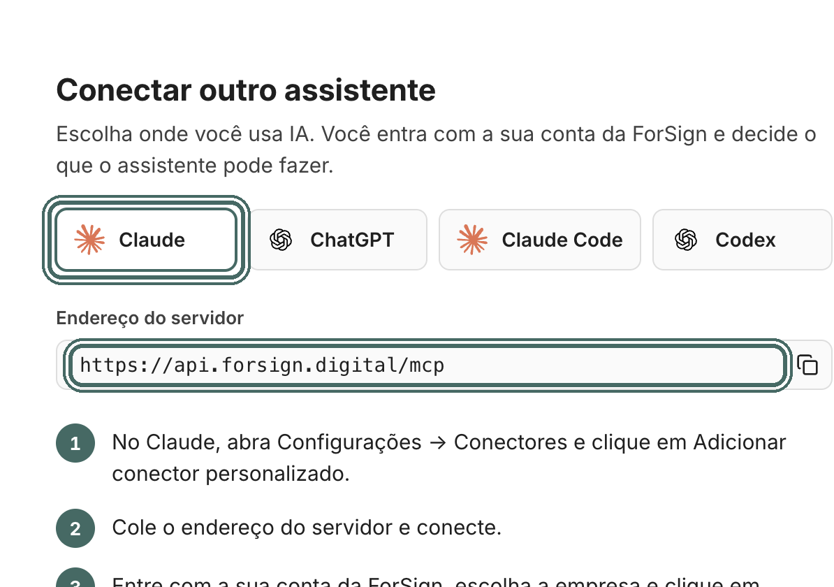 Com Claude escolhido, o painel mostra o endereço do servidor e os três passos.