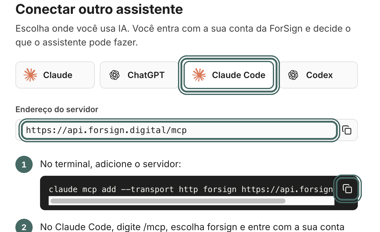 No Claude Code, um comando no terminal adiciona o servidor.