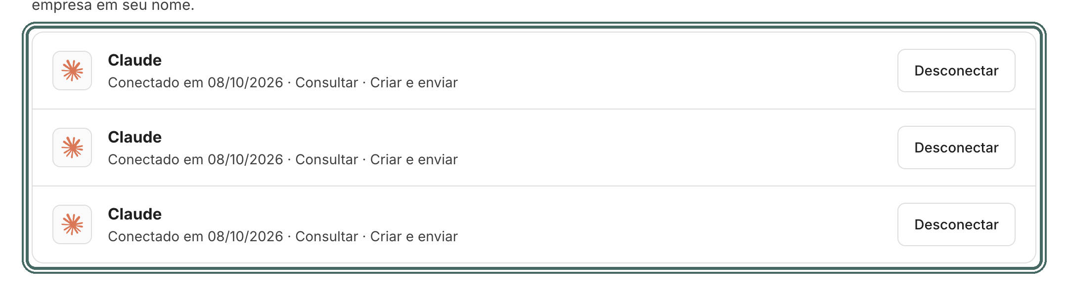 O Claude aparece na lista, com a data da conexão, as permissões e o botão Desconectar.