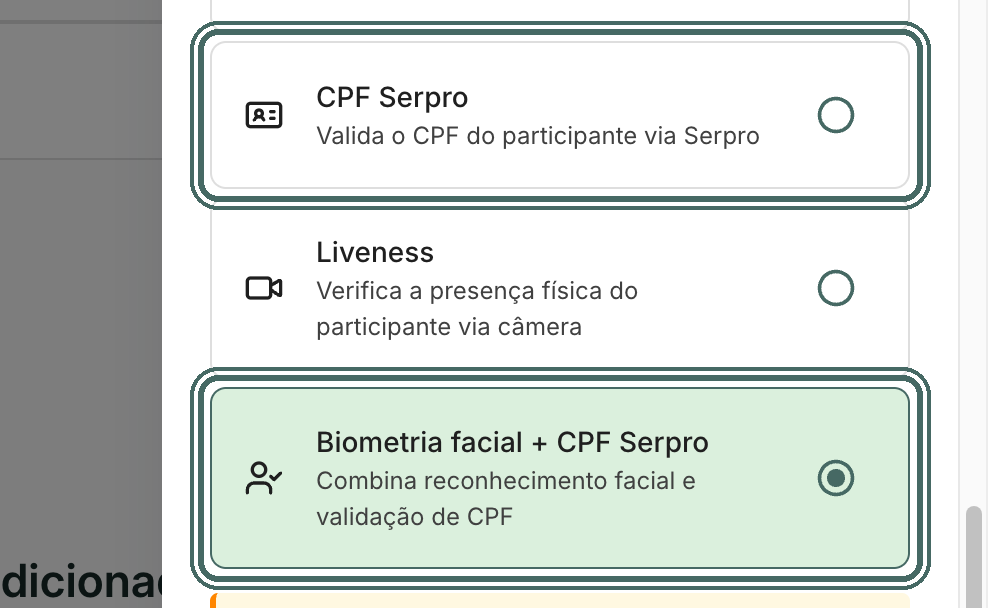 No campo Antifraude, as duas opções que consultam o Serpro: CPF Serpro e Biometria facial + CPF Serpro.