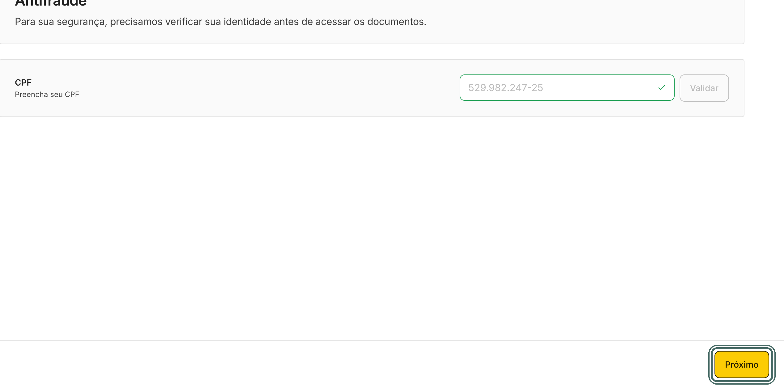 Com o CPF regular na Receita Federal, a etapa fica concluída e o assinante segue em Próximo.