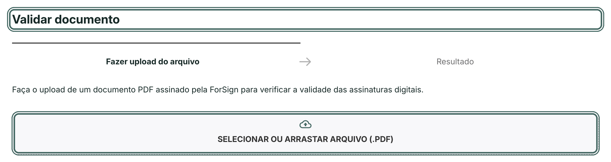 A página Validar documento abre sem login e pede o PDF.