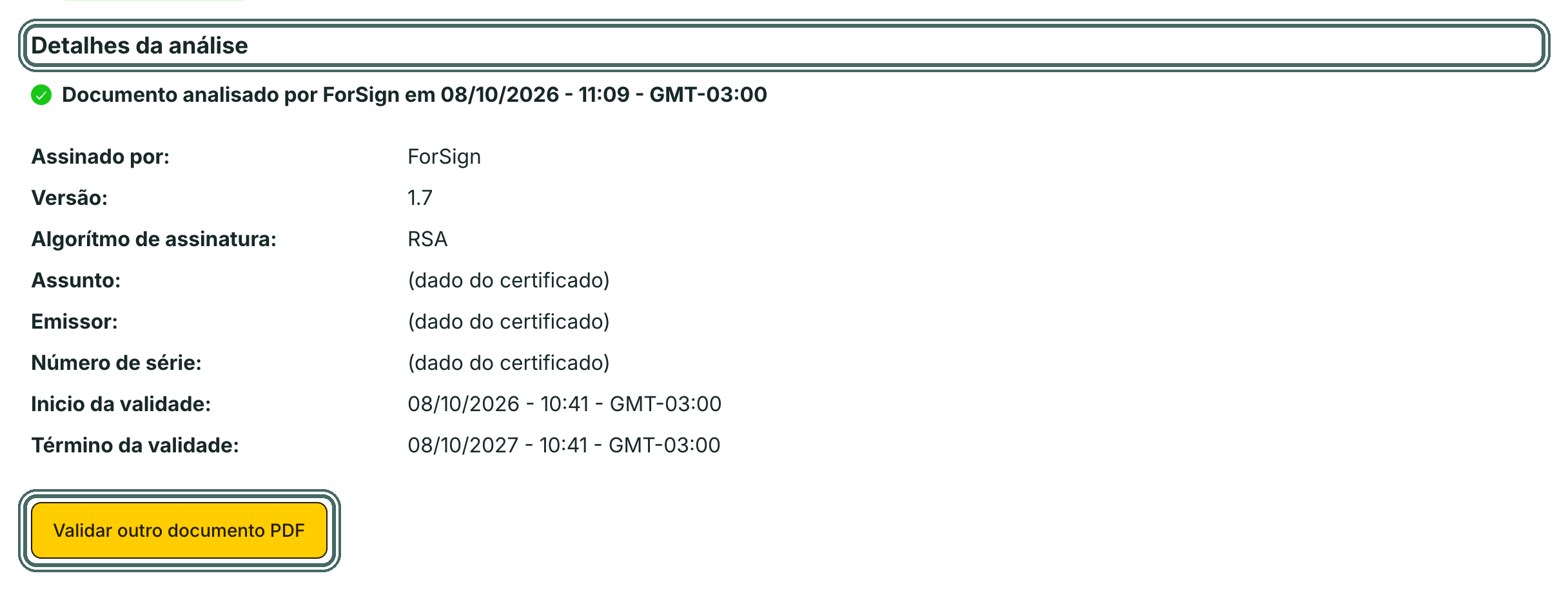 Detalhes da análise mostra o certificado usado, a validade dele e a data da análise.