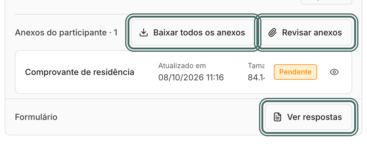 Os botões de anexos e de formulário ficam no card expandido do participante.