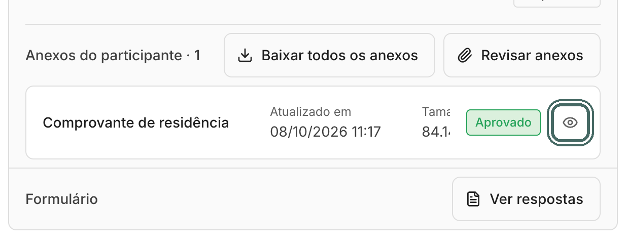 Depois da revisão, o anexo aparece como Aprovado no card do participante.