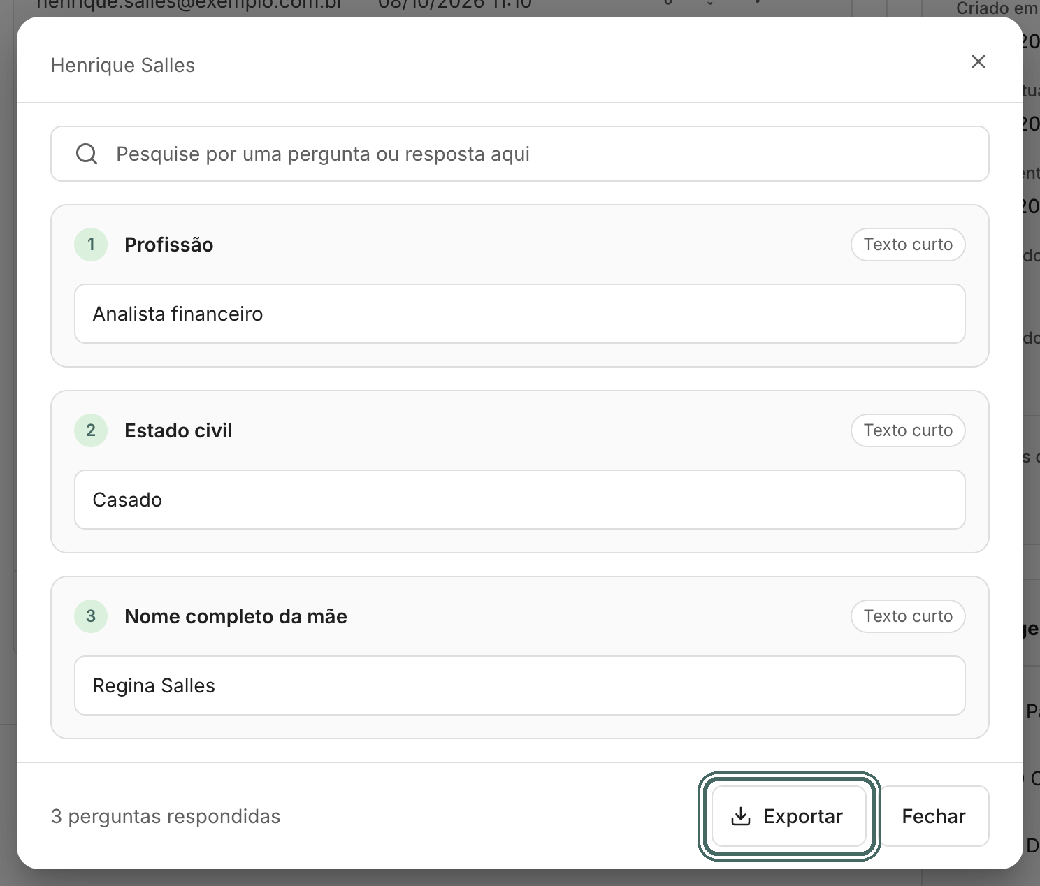As respostas aparecem por pergunta, com busca e o botão Exportar.