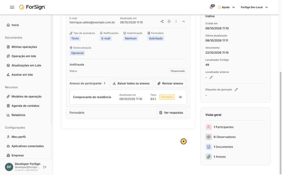 Do botão Revisar anexos até o anexo aprovado no card do participante