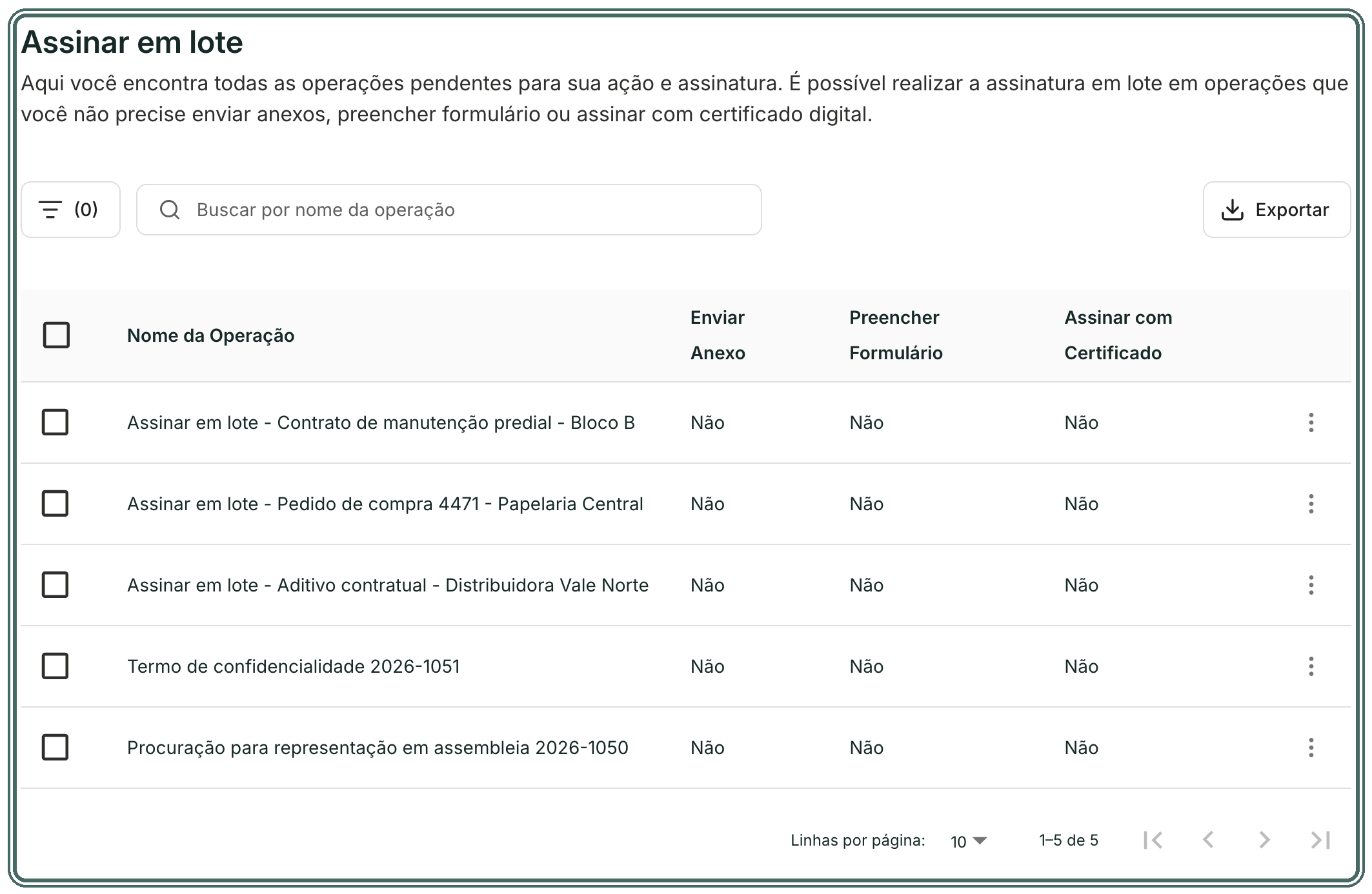 A lista mostra cada operação pendente e se ela pede anexo, formulário ou certificado.