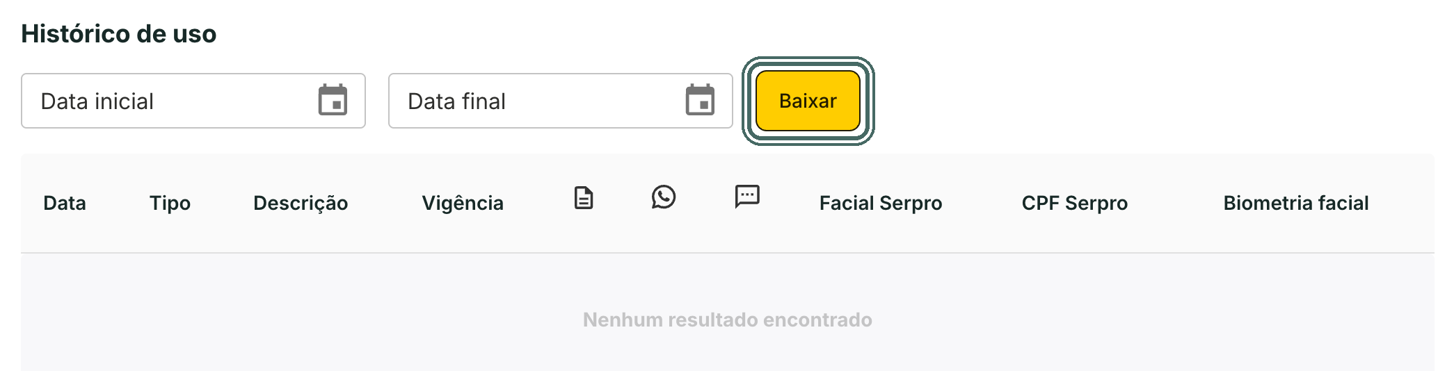 O Histórico de uso tem filtro por data e o botão Baixar.